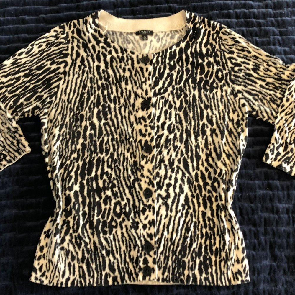 Talbots jersey cardigan sweater, 3/4 sleeve, soft cotton-blend, animal print